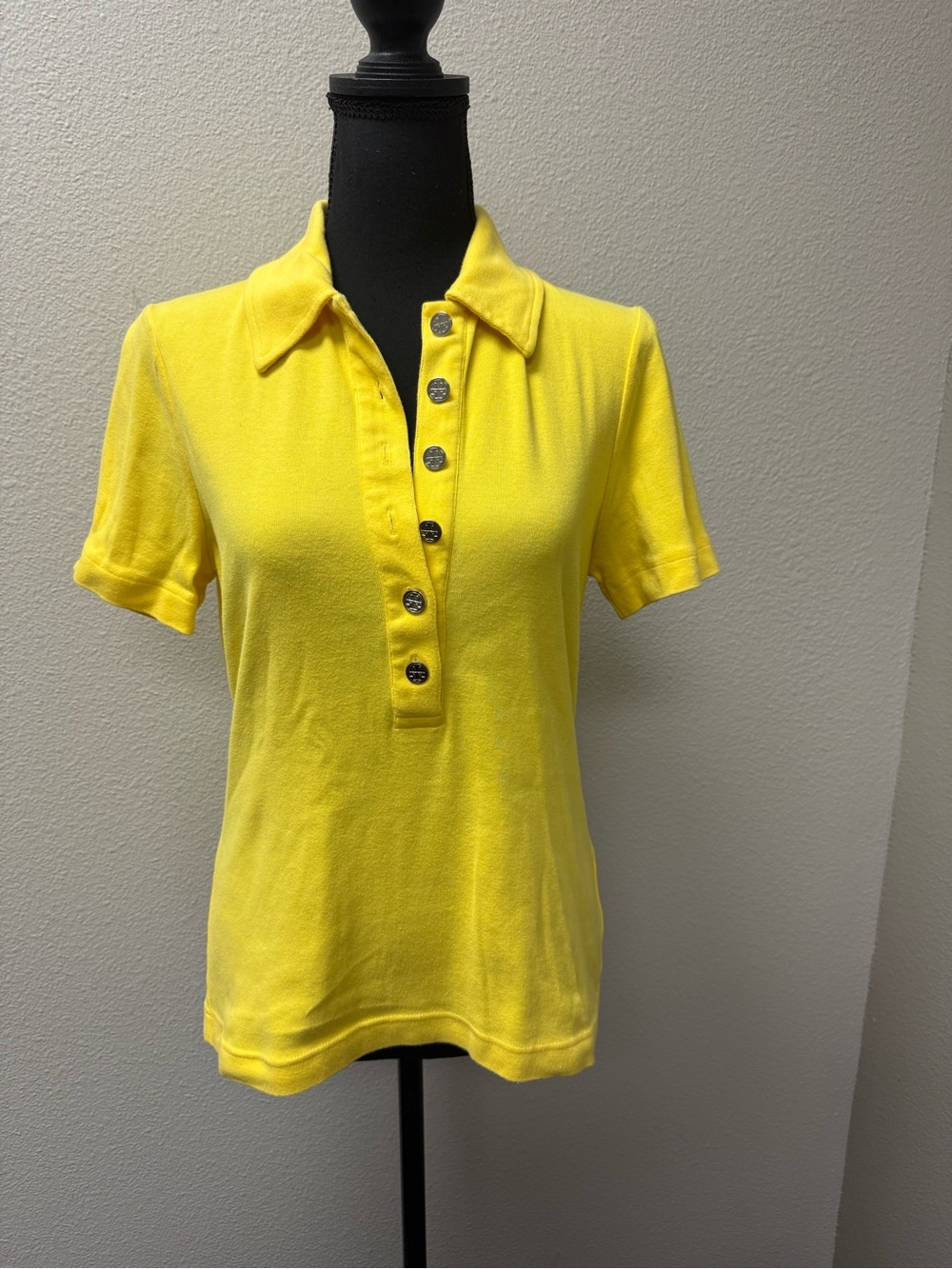 Tory Burch Yellow Button Polo Top Large Preppy Luxury Cotton Shirt - Picture 2 of 11